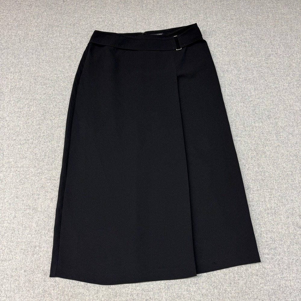New York & Company Wrap Front Midi Skirt Size 12 Black Buckle Professional Skirt